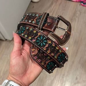Rhinestone Embellished Floral Leather Belt